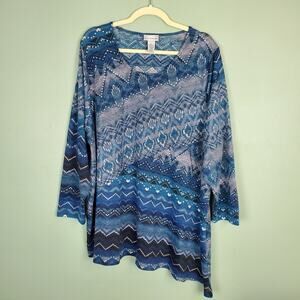 Catherines Asymmetrical Aztec Pattern Blue Round Neck Tunic Size 2X or 22 24W